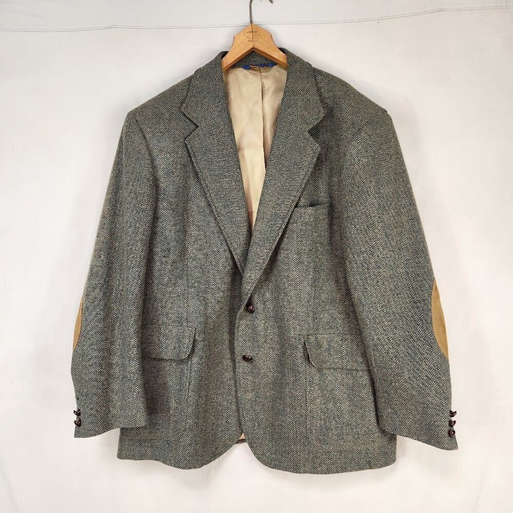 Vtg Pendleton Wool Sport Coat Men's 46 Elbow Patches Green Tan Blazer Jacket